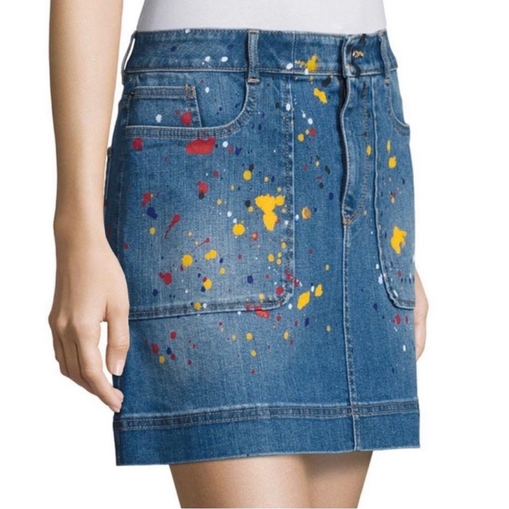 Alice + Olivia Coletta Denim Mini Skirt Splatter Paint Size 28 - Picture 2 of 15